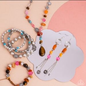 Handmade Pink & Orange Beaded Necklace and Earrings Set